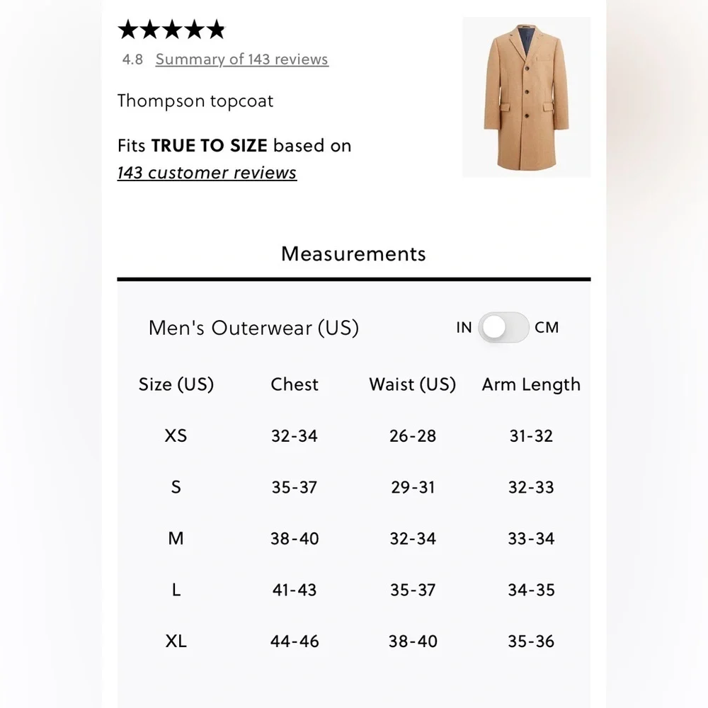 J. Crew Thompson Tan Button Down Wool Topcoat.  Sz XL